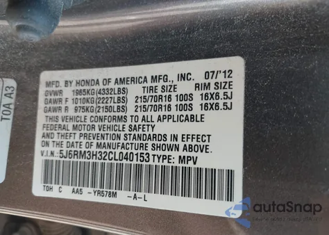 2012 Honda Cr-V Lx from USA, damaged, VIN 5J6RM3H32CL040153